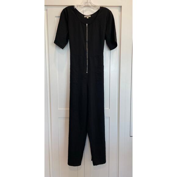 Polagram Black jumpsuit zip front short sleeve with tie sash , pockets, Medium - Picture 3 of 10